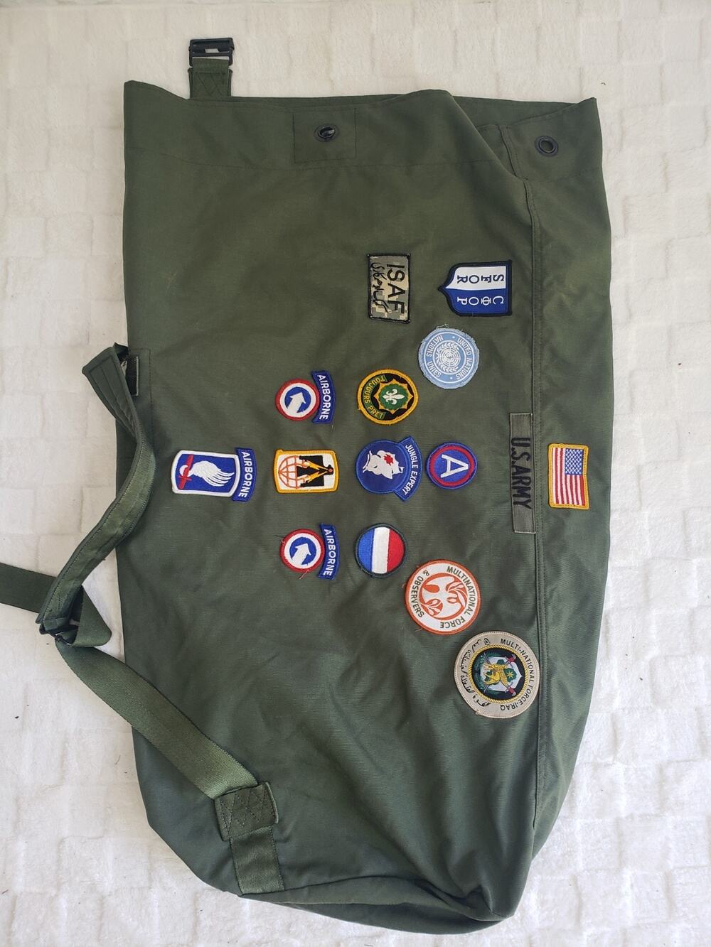 Vintage USGI Canvas Sea Bag Duffel Bag Army Olive Military Gear Airborne Patches
